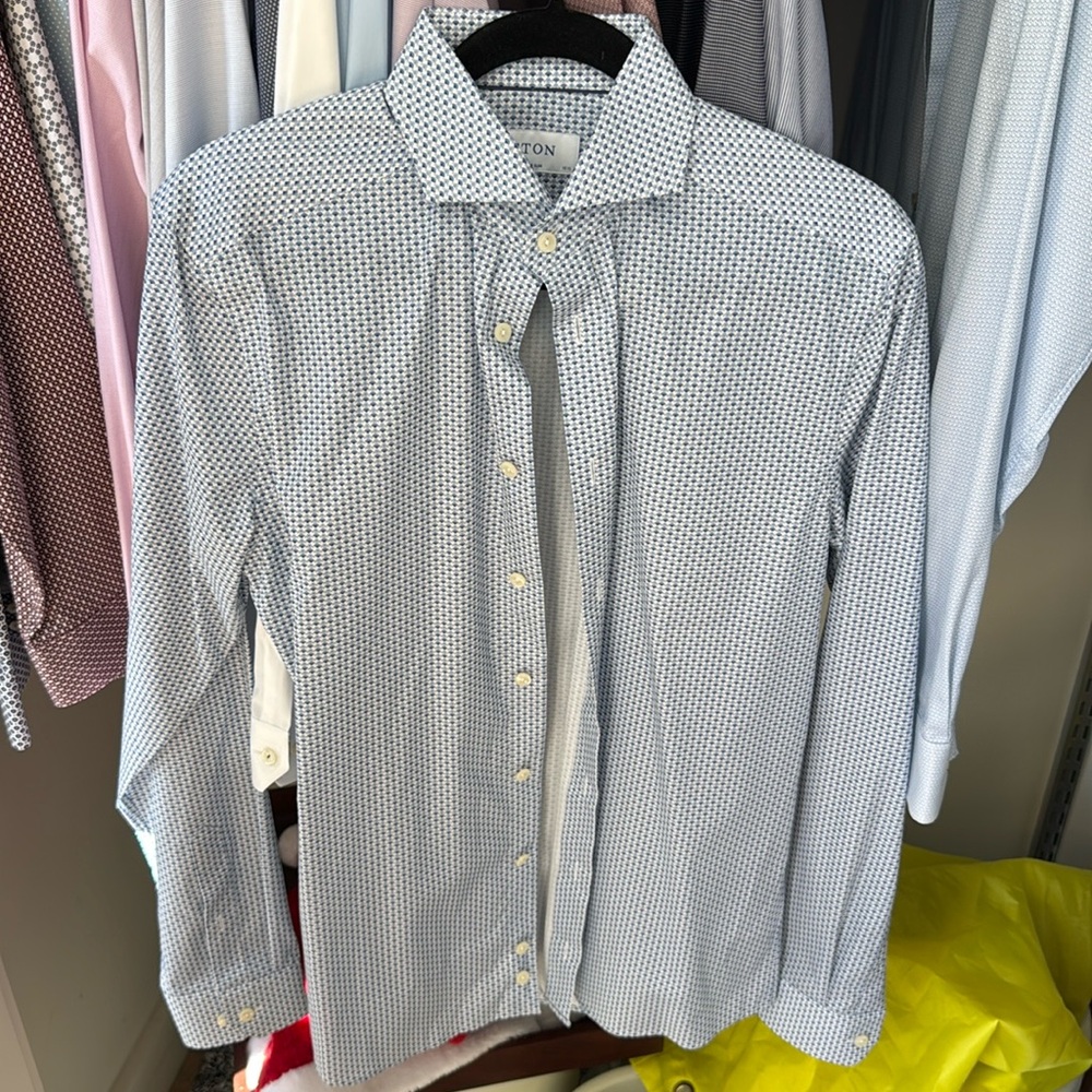 New without tags Eton Mens Button-Up Shirt blue Long Sleeve 15 1/2 Super slim